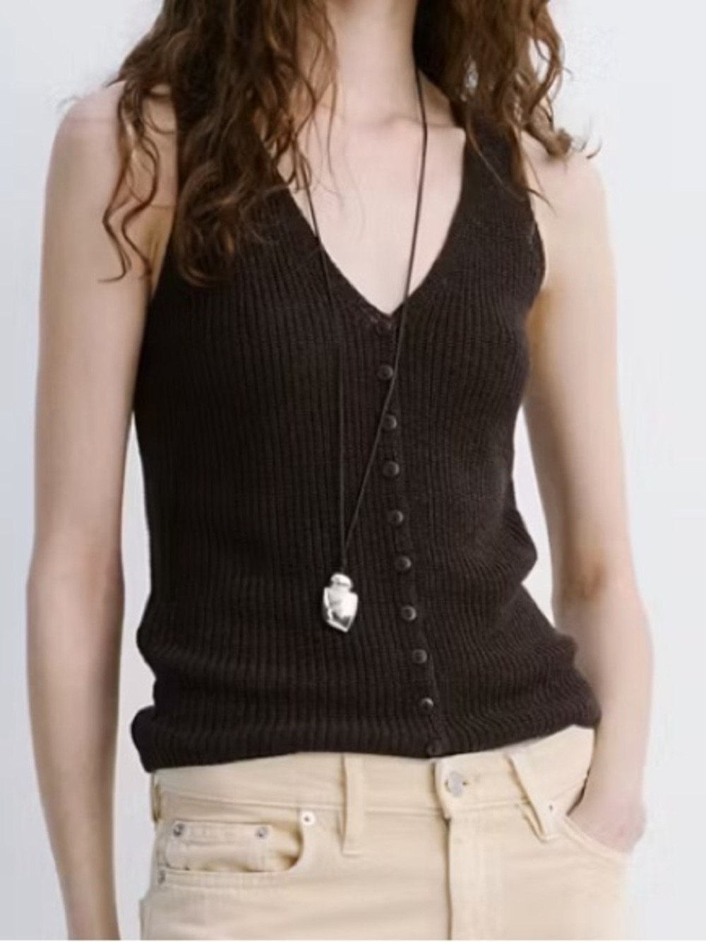 Mango Brown V-Neck Button Knit Tank OPENWORK KNITTED WAISTCOAT 7137